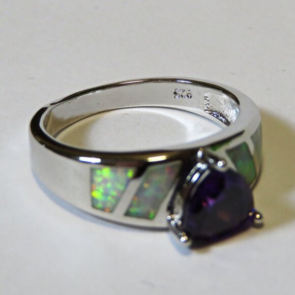 Silver Ring Size 10 White Lab Fire Opal Inlay 6mm * 6mm Amethyst New Old Stock - Picture 9 of 10